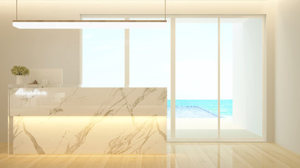 Counter Reception design and swimming pool sea view for hotel or office - Lobby hotel or Information design for Building artwork - 3d Rendering