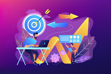 Businessman with laptop, target and arrows. Business direction, strategy and turnaround, change direction campaign concept on ultraviolet background. Bright vibrant violet vector isolated illustration
