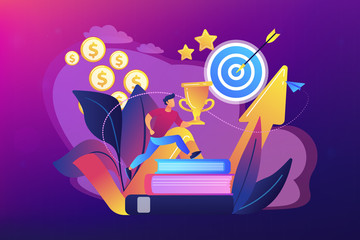 Businessman with trophy cup jumping on books to target and rising arrow. Motivation, job success, encouragement concept on ultraviolet background. Bright vibrant violet vector isolated illustration