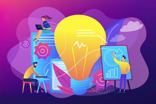 Business people analyzing and lightbulb. Competitive intelligence, information analysis and marketplace analysis concept on ultraviolet background. Bright vibrant violet vector isolated illustration