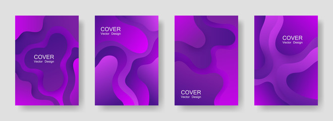 Gradient liquid shapes abstract covers vector set. Cool folder backgrounds design. Flux paper cut effect blob elements backdrop, fluid wavy shapes texture print. Cover pages.