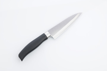 Kitchen: Top View of Kitchen Knife with Stainless Steel Blade on White Background