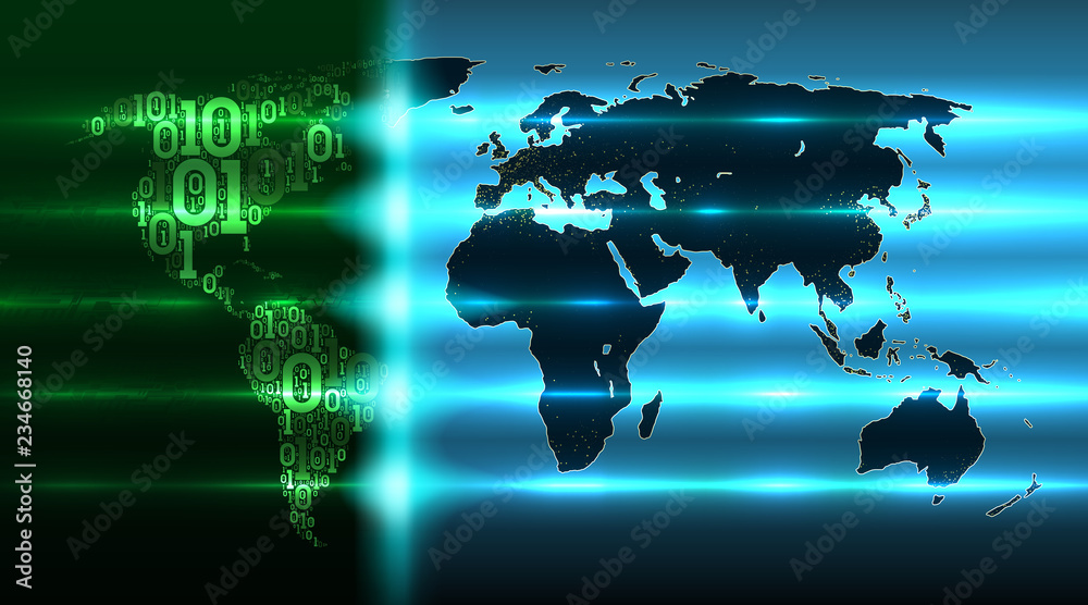 Poster World map of the Earth from a binary code with a background of abstract circuit boards, map with evolving digital global technologies, vector illustration