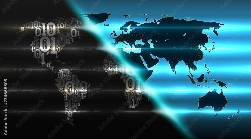 Poster binary code world map with a background of abstract circuit boards, electronics. digital technologie