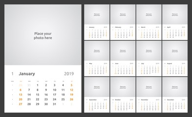 Calendar design for 2019. Week starts on Sunday. Set of 12 calendar pages vector design print template with place for photo.