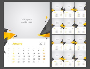 Calendar design for 2019. Week starts on Sunday. Set of 12 calendar pages vector design print template with place for photo.