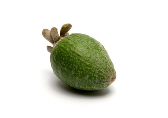 Green feijoa fruits on white background.