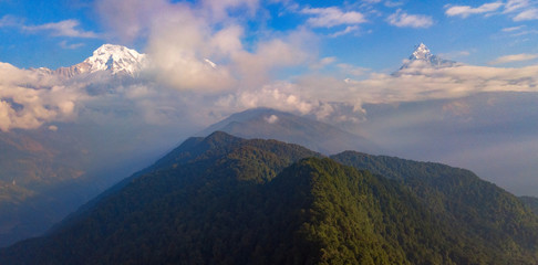 Aerial view on the Mardi Himal base camp track. Mountain range of Annapurna conservation area in Nepal