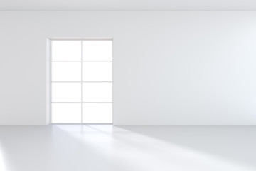 Window in white room with a bright light. 3D rendering.