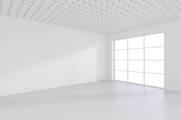 Light scattered light falling from the window into the white office. 3D rendering.