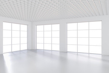 Large window in white office room with a bright light. 3D rendering.