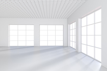 Empty white office room with large stained glass windows. 3D rendering.