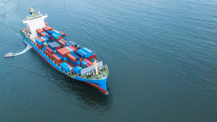 Aerial view container cargo ship, business freight shipping international by container cargo ship...
