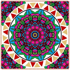 Decorative colorful floral ornament with decorative border. Ethnic mandala decoration. For fashion print, bandanna, tablecloth, neck scarf