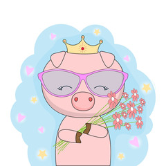 Little cute pig princess with gold crown holding a bouquet of flowers