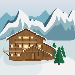 Cozy wooden Chalet in the mountains. Mountain landscape. Flat style. Ski resort.
