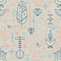 Vector seamless pattern in Scandinavian style. Line art. Flowers and doodles.