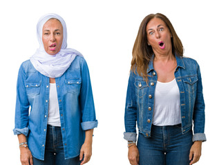 Collage of beautiful middle age arab woman over isolated background In shock face, looking skeptical and sarcastic, surprised with open mouth