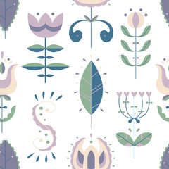 Vector seamless pattern in Scandinavian style. Flat style. Flowers and doodles.