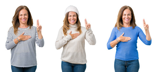 Obraz premium Collage of beautiful middle age woman over isolated background Swearing with hand on chest and fingers, making a loyalty promise oath