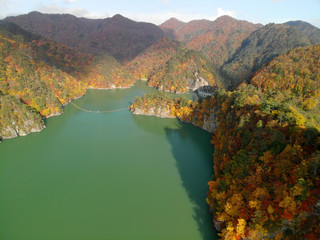 Aerial view of lake Kawamata and autumn foliage, Nikko, Tochigi, Japan