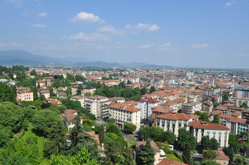 Fototapeta na wymiar City of Bergamo in Italy. Panorama of the European city on a sunny summer day. Homeland Trufaldino.