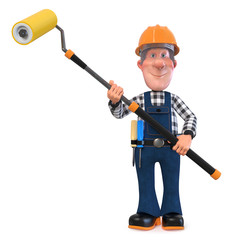 3d illustration Builder worker in overalls/3D illustration of funny engineer character engaged in repair