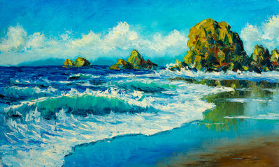 Naklejka premium seascape painting sea, illustration, wave, blue, water