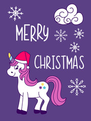 Unicorn Christmas and New Year card with snowflakes. Vector illustration, cartoon style.