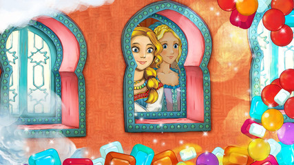 cartoon scene with medieval arabic room - far east ornaments with treasure frame - the stage for different usage - illustration for children