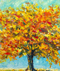 Naklejka na ściany i meble Warm orange yellow golden autumn landscape. Autumn trees in a beautiful forest. Autumn oil painting