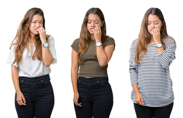 Obraz premium Collage of beautiful young woman over isolated background looking stressed and nervous with hands on mouth biting nails. Anxiety problem.