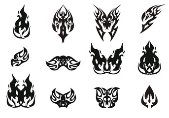 Eagle and butterfly icons in the fire form. Tribal flaming eagle head and decorative butterflies created from it. Black on white