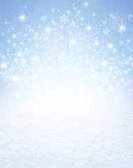 Snowflakes and stars on a winter snow covered ground
