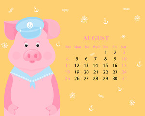 Cute pig in a sailor suit visor and collar. Monthly calendar for August 2019 from Sunday to Saturday. Funny piggy. The symbol of the Chinese New Year