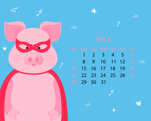 Cute pig in a superhero costume in a mask and a raincoat. Monthly calendar for July 2019 from Sunday to Saturday. Funny piggy. The symbol of the Chinese New Year