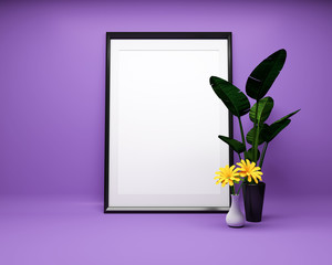 White picture frame on purple background with plant Mock up. 3D rendering