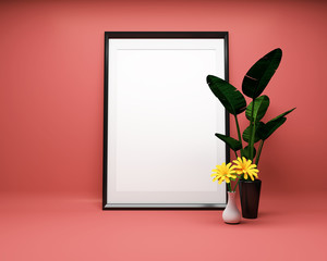 White picture frame on red background with plant Mock up. 3D rendering