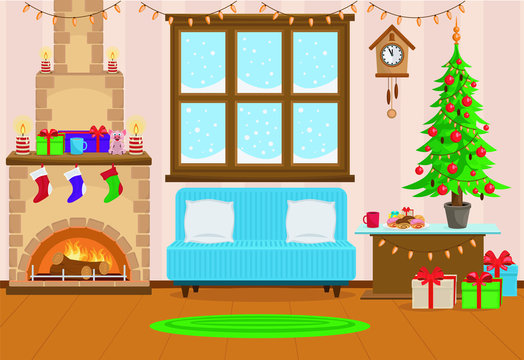Vector illustration of Christmas living room with Christmas tree, gifts, sofa, table with treats, snow-covered window and fireplace.