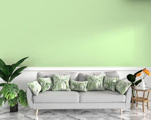 tropical design,armchair,plant,cabinet on granite floor and green background.3 d rendering