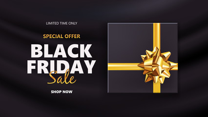 Black friday sale background with gift box and golden bow. Modern design.Universal vector background for poster, banners, flyers, card
