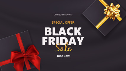 Black friday sale background with gift box and golden bow. Modern design.Universal vector background for poster, banners, flyers, card
