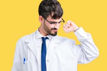 Young professional scientist man wearing white coat over isolated background stretching back, tired...