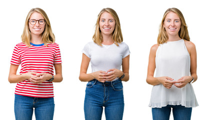 Obraz premium Collage of beautiful blonde woman over white isolated background Hands together and fingers crossed smiling relaxed and cheerful. Success and optimistic