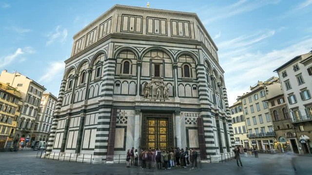 Florence Baptistery, The Baptistery of St. John in Florence Italy, Hyperlapse, Timelapse Video in 4K. People walking in Piazza del duomo in front of Cathedral of Santa Maria del Fiore.
