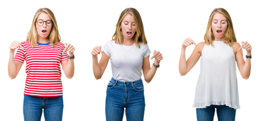 Collage of beautiful blonde woman over white isolated background Pointing down with fingers showing advertisement, surprised face and open mouth