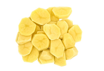 Peeled potato slices isolated on white background