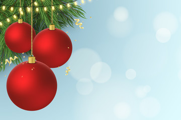 Christmas background. Christmas red balls on fir tree. Flying confetti with serpentine. Glowing gold light garland. Glares bokeh on a blue background. Vector illustration