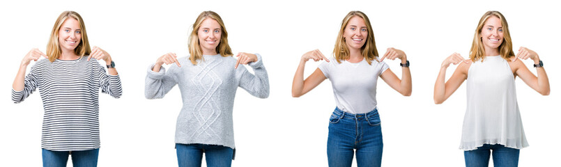 Collage of beautiful blonde woman over white isolated background looking confident with smile on face, pointing oneself with fingers proud and happy.