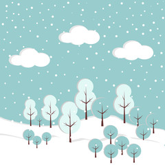 Snow forest. Pines, trees and mountain in winter. Paper vector Illustration.